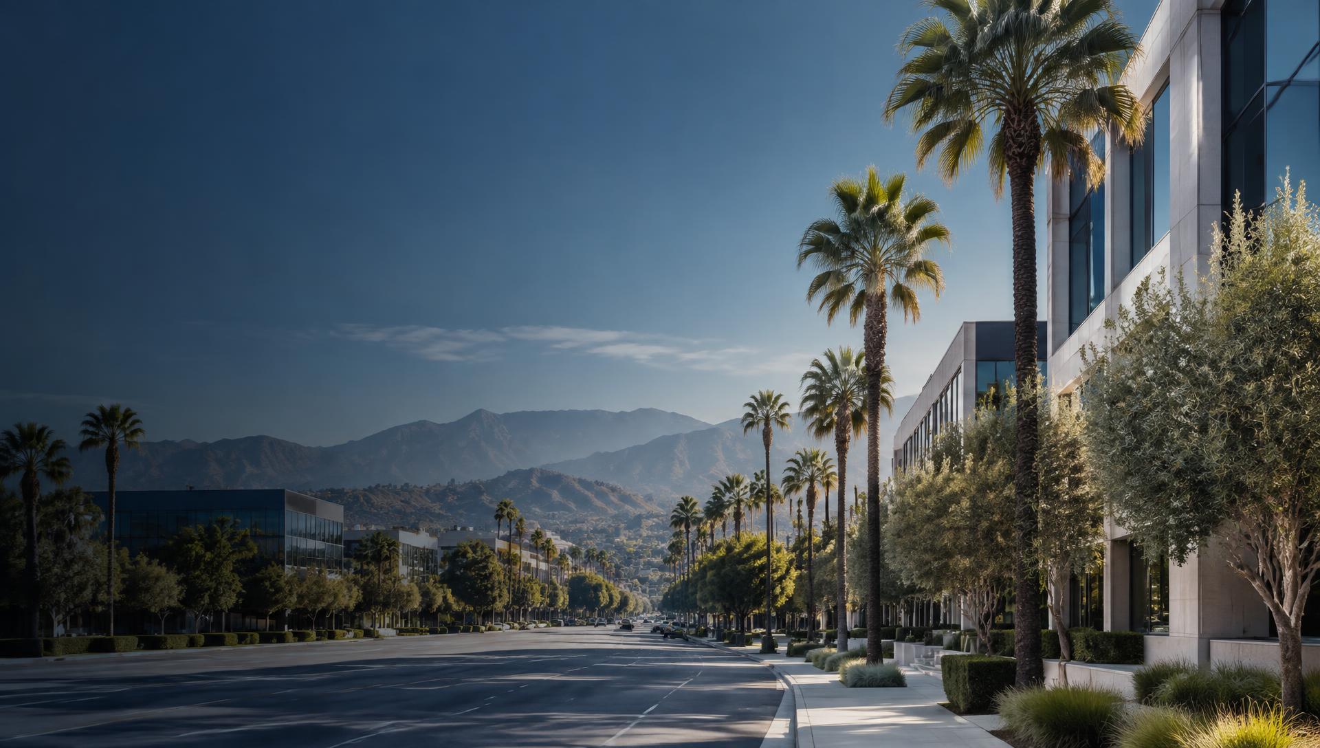 Palm-lined professional district beneath the Southern California mountains