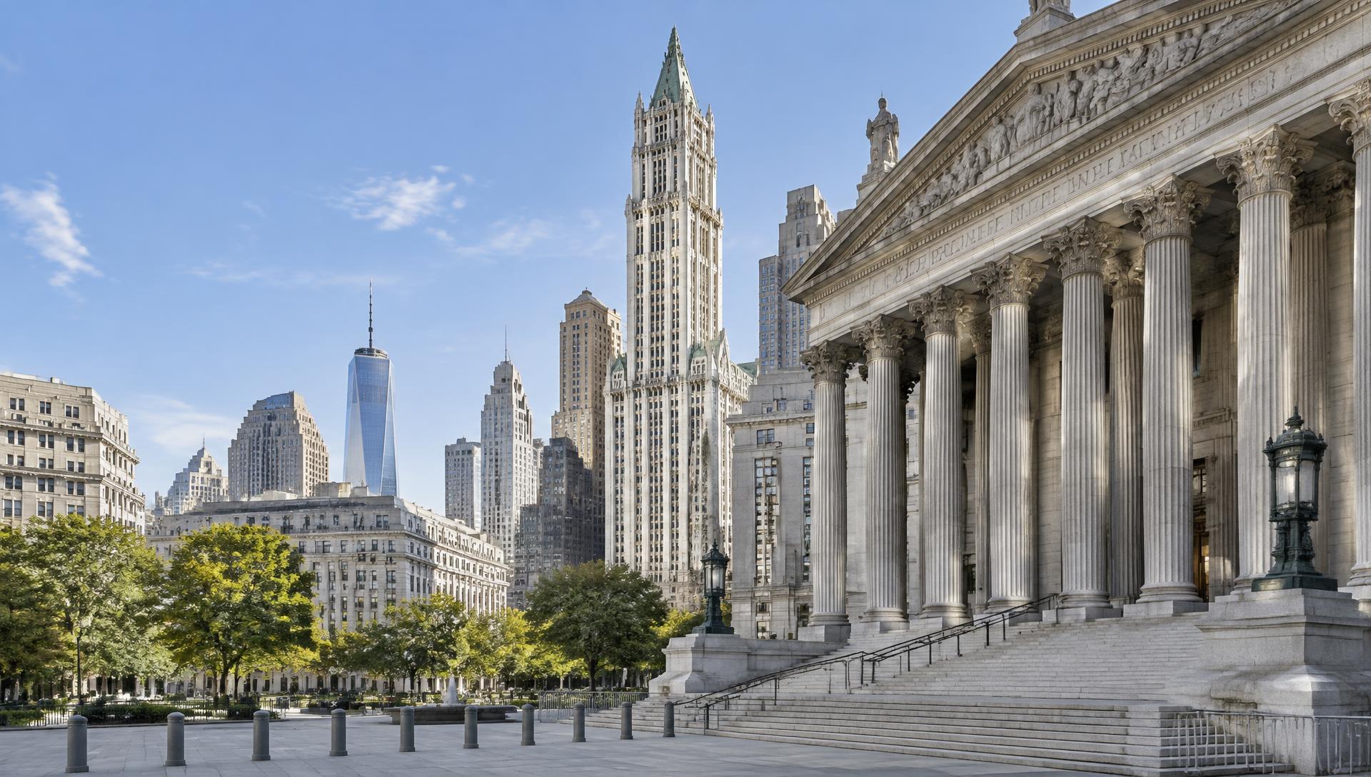 Lower Manhattan courthouses and the Woolworth Building on a clear New York morning